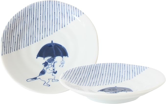 Mino ware Japanese Ceramics Pair Round Plate Japanese Cat (set of two) made in Japan GBS224 (Small Flat, Umbrella)