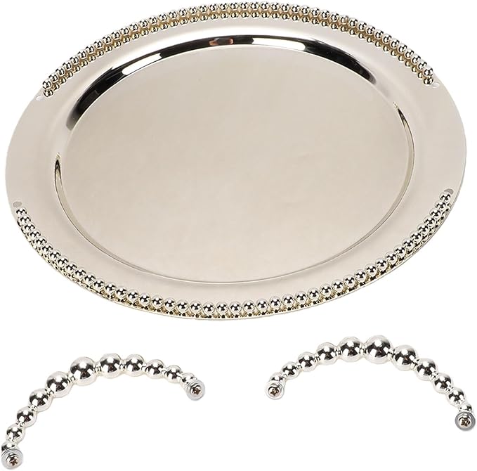 Round Metal Serving Tray, 31.5cm Silver Fruit Platter with Handles for Indoor Outdoor Camping BBQ Picnic Decor, Tea Tray Tea Serving Platter for Food Fruit Coffee