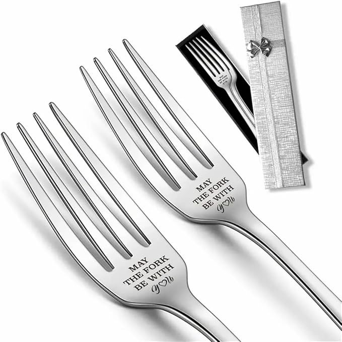Engraved Ice Cream Spoon Gifts for Couple on Anniversary, 2 Pcs Personalized Coffee Spoon Stainless Steel, Couple Gifts for Him and Her on Valentines Day (Forks, MAY THE FORK BE WITH YOU)