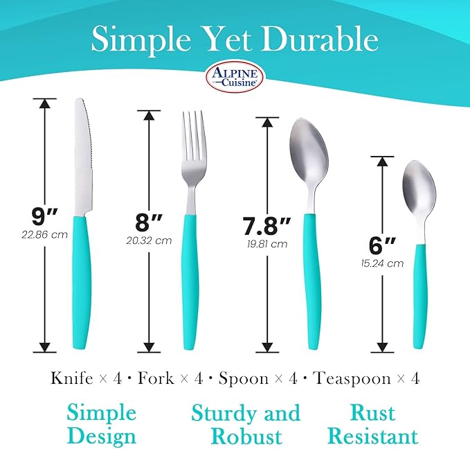 ALPINE CUISINE Flatware Set 16 Piece Service for 4, Stainless Steel Flatware Cutlery Set Includes Dinner Knives/Forks/Spoons - Great for Camping or College Dorms - Dishwasher Safe - Aqua