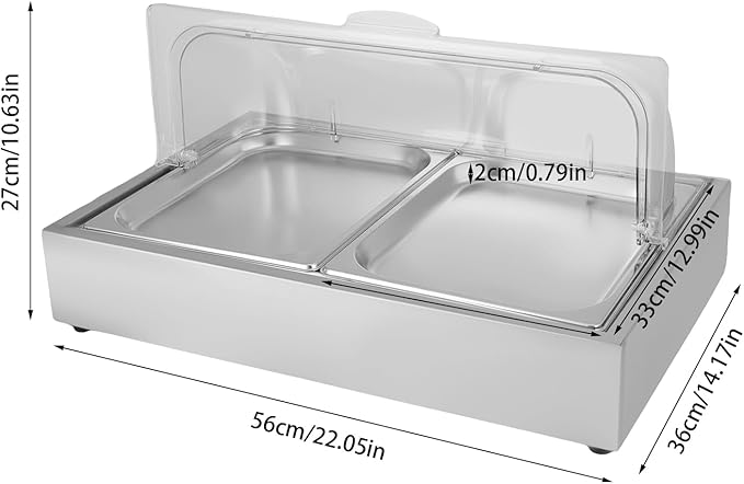 2 Pan Ice Food Serving Display Tray with Clear Roll Top Cover Buffet Cold Serving Cooler Platter Stainless Steel Food Serving Tray Buffet Cooling Food Dishes Display Plate for Party (Silver)