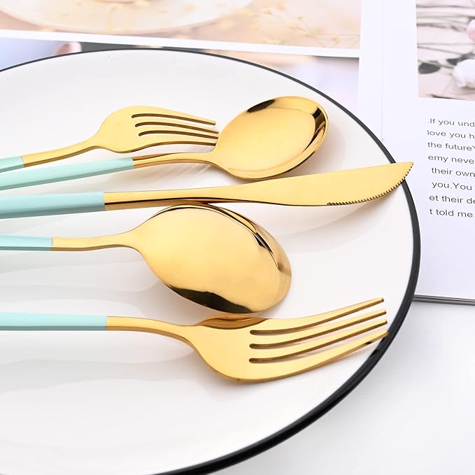 30-Piece Snplowum Mirror Flatware Serving Set, 18/0 Stainless Steel Dinnerware With Mint Green Handle, Modern Durable Home Kitchen Eating Tableware Set Service For 6 (Mint Green Gold)