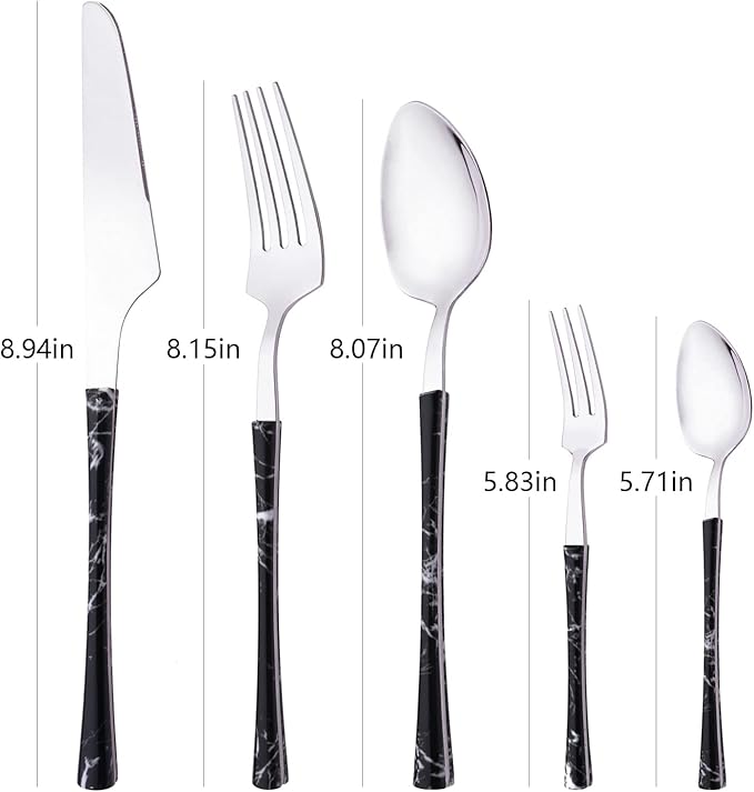 Cooking Black Silver Flatware Set, Stainless Steel Silverware Set 20 Piece with Black Marble Texture, Tableware Cutlery Set Service for 4, Include Knife Fork and Spoon, Dishwasher Safe