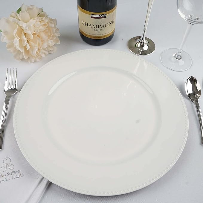 13" Charger Plates -Set of 12 - Acrylic White Round Beaded Disposable Chargers, Ideal for Dinner Party Wedding Bulk Events Tabletop Decoration