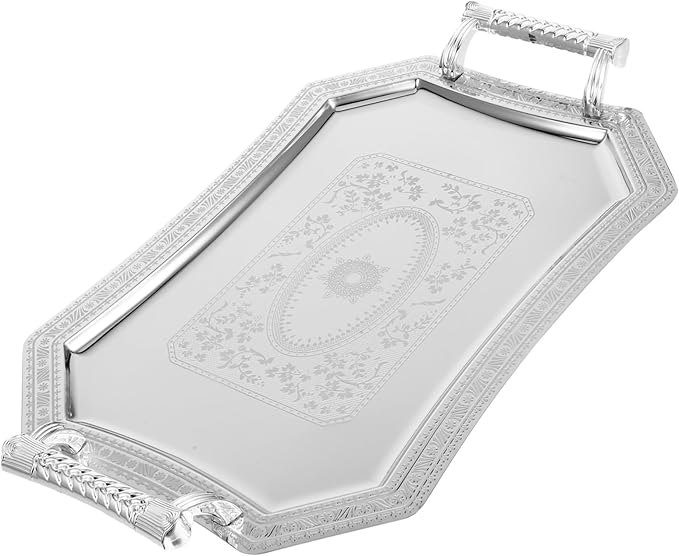 Happyyami Vintage Silver Serving Tray Retro Decorative Dish for Dessert Snacks and Appetizers Elegant Double-handled Platter for Tea Parties Housewarming and Weddings