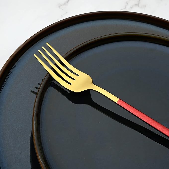 24 Piece Mirror Golden Plated 18/0 Stainless Steel Flatware Set, Red Handle With Golden Mouth Silverware Set With Teaspoon Cutlery Set Service for 6