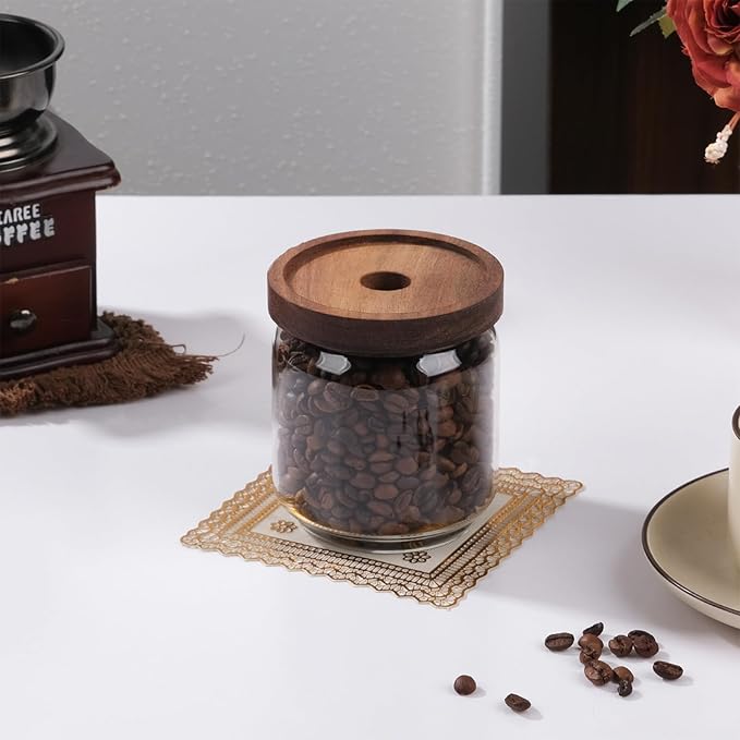 WHJY 10oz Glass Storage Containers with Wooden Lids Airtight Food Canister for Tea Sugar Dry Goods Clear Coffee Jars for Kitchen Pantry