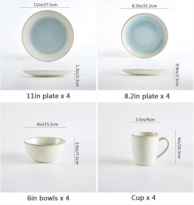 16-Piece Stoneware Dinnerware Set, Dish Set, Tableware Combination Set, Elegant White/Blue Serveware Set Service for 4, Including Dinner Plate, Desert Plate, Cereals Bowl, Mugs