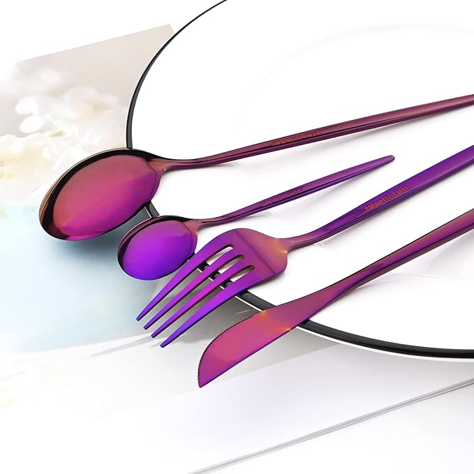 24Pcs Purple Mirror Silverware Flatware Set, 18/0 Stainless Steel Cutlery Set Utensils Kitchen Dinnerware Include Knife Fork Spoon and Teaspoon, Service for 4