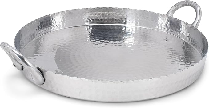 India Handicrafts Hammered Round Scalloped Silver Tone 19 inch Metal Tray Platter