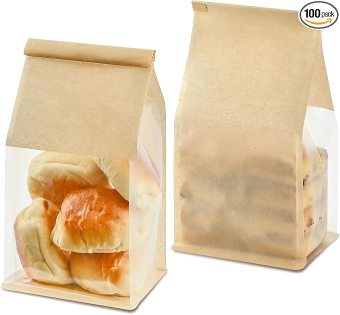 100 PCS Bread Bags for Homemade Breads, 11 x 5.1 x 3.9 Inches Brown Kraft Paper Bakery Bags with Tin Tie Tab Lock Sourdough Bread Bags with Window Baked Foods Packaging