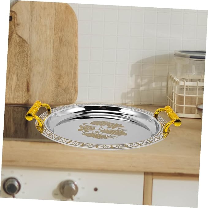 European Style Fruit Serving Tray Gold Patterned Round Appetizer Plate Sturdy Plastic and Stainless Fruit Holder for Home Buffet Party