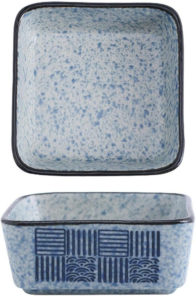 Japanese household ceramics simple underglaze color creative personality exquisite dishes-short square bowl (plaid)