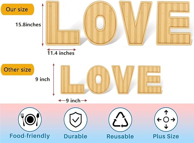 15.5'' Love Serving Trays, 4 Pack Larger Bamboo Solid Serving Platter, Charcuterie Serving Boards Snack Food Cake Cookies Platter for Anniversary Wedding Baby Shower Birthday Party Decoration