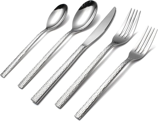 Hammered Silverware Set for 4, 20-Piece Stainless Steel Flatware Cutlery Set, Includes Dinner Knives,Dinner Forks, Tea Spoons, Dinner Spoons, Salad forks, Mirror Polished - Dishwasher Safe