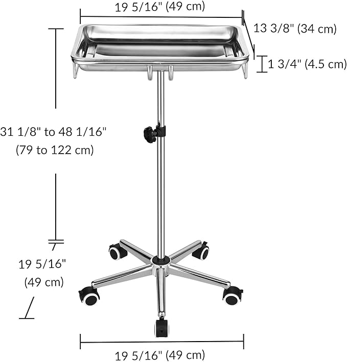 AW Mayo Stand with 2 Trays Stainless Steel Adjustable Height 31"-48" Mobile Medical Cart Trolley 19"x13"x2" Removeable Instrument Trays 5 Pcs Lockable Wheels for Dental Salon Tattoo Esthetician