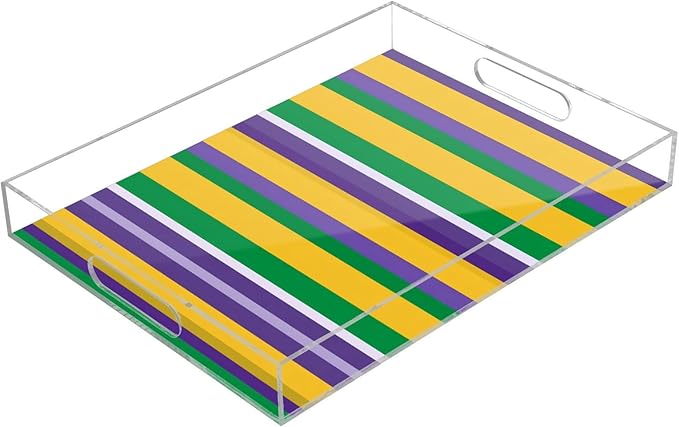Serving Tray with Handles Clear Acrylic Tray 12x16 Inch Decorative Rectangular Tray Organizer for Ottoman Coffee Table Bathroom Mardi Gras Stripe Purple Yellow