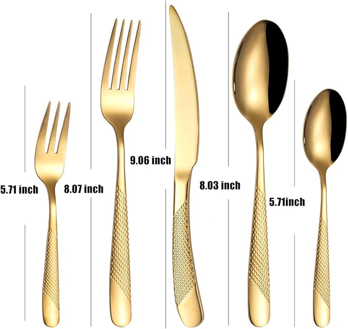 diamond hammered silverware set, 40-piece cutlery set for 8 people, Checkered Handle Stainless Steel Flatware serving set - Cutlery Set For Home Kitchen