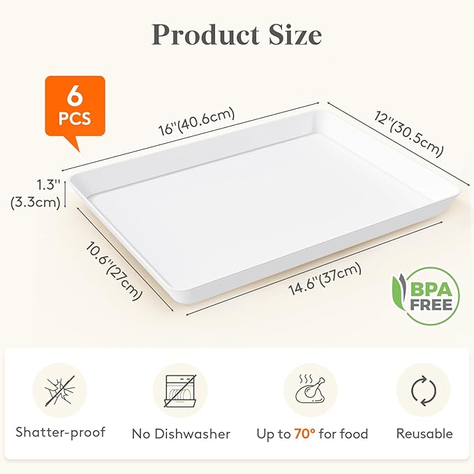 Lifewit 6 Pcs Plastic Serving Platter for Party, 16" x 12" White Platters for Serving Food, Reusable Extra Large Tray for Buffet, Fruit, Dessert, Veggie, Holiday Christmas Essentials, Rectangle