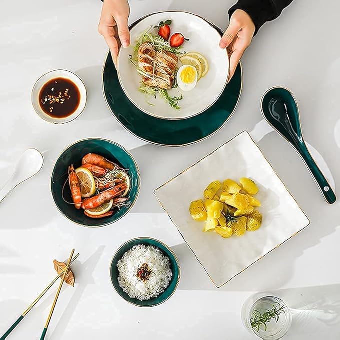 Dinnerware Sets, Tableware Set, Nordic Minimalist Style Plate and Bowl Sets, Green and White Mixed Ceramic Dinnerware Sets, Irregular Underglaze Kitchen Plate Set