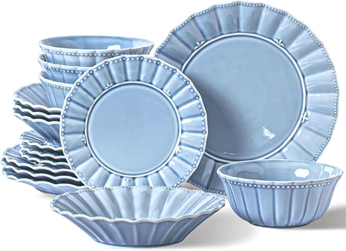 HOMBENE Dinnerware sets, 16 Piece plates and bowls sets for 4, Ceramic dish set, Porcelain dish set, Farmhouse premium kitchen decor, Microwavable safe, Celestial Blue