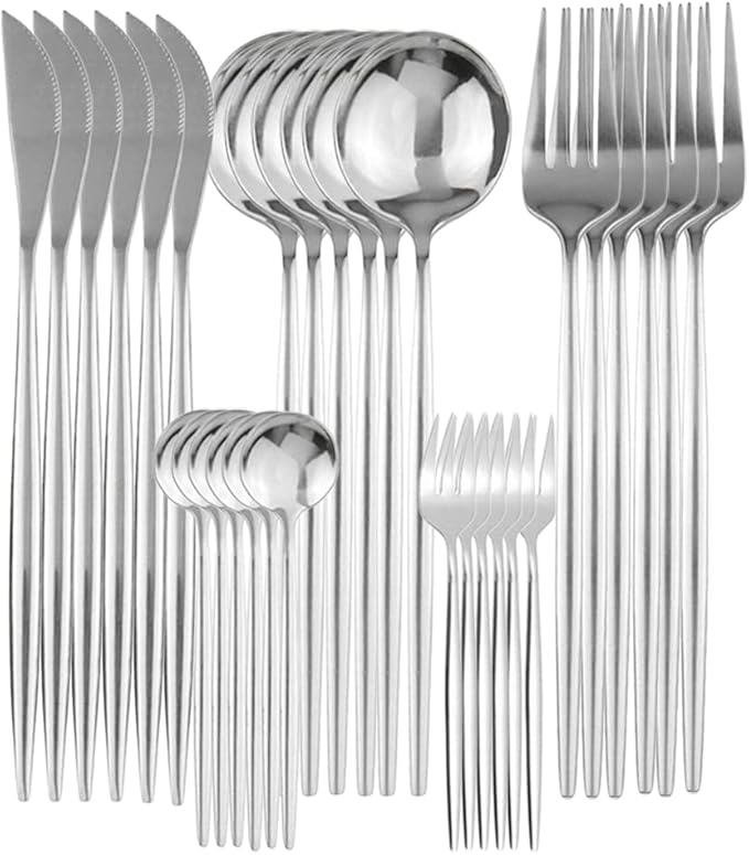 Gugrida 30-Piece Silver Silverware Flatware Set 304 Stainless Steel Travel Eating Utensil for Picnic Camping Family, Service for 6, Dishwasher Safe