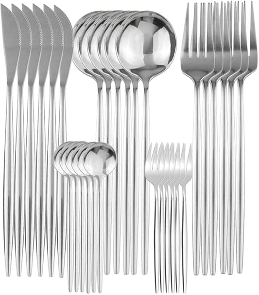 Gugrida 30-Piece Silver Silverware Flatware Set 304 Stainless Steel Travel Eating Utensil for Picnic Camping Family, Service for 6, Dishwasher Safe