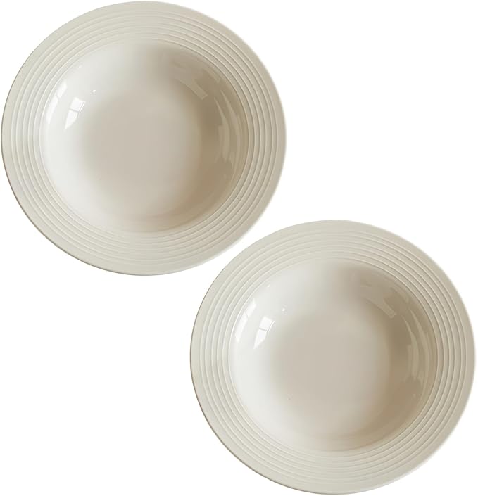 2 Pcs 8.7 in White Ceramic Plates for Meals, Concentric Ribbed Design, Ideal for Home, Restaurant Use