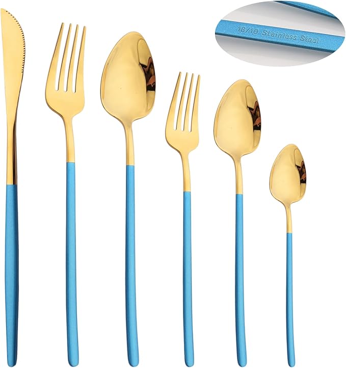 36pcs Silverware Set, 18/10 Stainless Steel Serving Flatware With Curved Handle For 6, Durable Eating Utensils For Home Entertaining, Mirror Polished (Blue Gold)