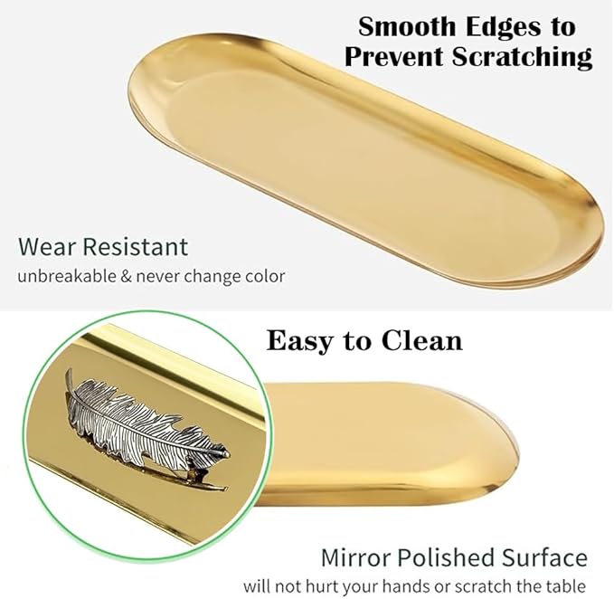 6PCS Stainless Steel Serving Tray Set Small Metal Trays Decorative Gold Platters for Serving Food Party 9" Long Plate Oval Storage Trays Thickened Serving Dishes for Entertaining Sushi Snack