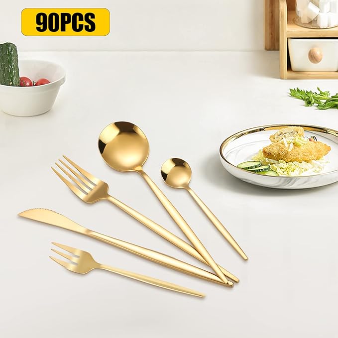 90 Pcs Gold Silverware Set for 18, Gold Flatware Set Stainless Steel Flatware Kitchen Cutlery Serving Utensil Set Forks Spoons And Knives Teaspoons Salad Forks Sets for Home Hotel Party