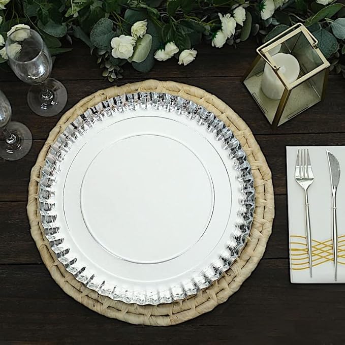 10 Silver 13 in Round Paper Serving Trays with Scalloped Rim Design - Disposable Wedding Party Tableware Supplies