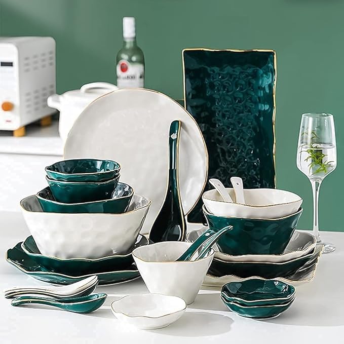 Dinnerware Sets Dish Set,52 Pcss,Nordic Style Tableware Set with Plates Dish and Bowls,Green White Ceramic Dinner Set