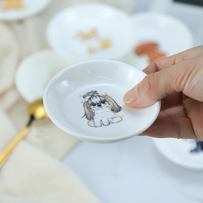 SOCOSY Super Cute Cartoon Animals Ceramic Sauce Dishes, Seasoning Dishes, Little Cat Dog Bird Feeding Bowls, Sushi Soy Dipping Bowls, Appetizer Plates, Dessert Plates, Set of 6-Cartoon Dog-3.5 Inch