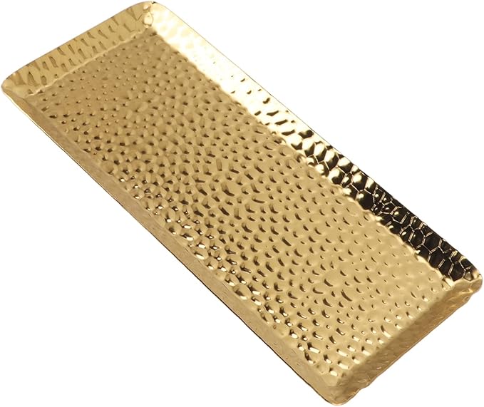 Metallic Towel Serving Tray Hammered Stainless Steel Dishwasher Safe Plate for Home Restaurant 25x11cm (Gold)