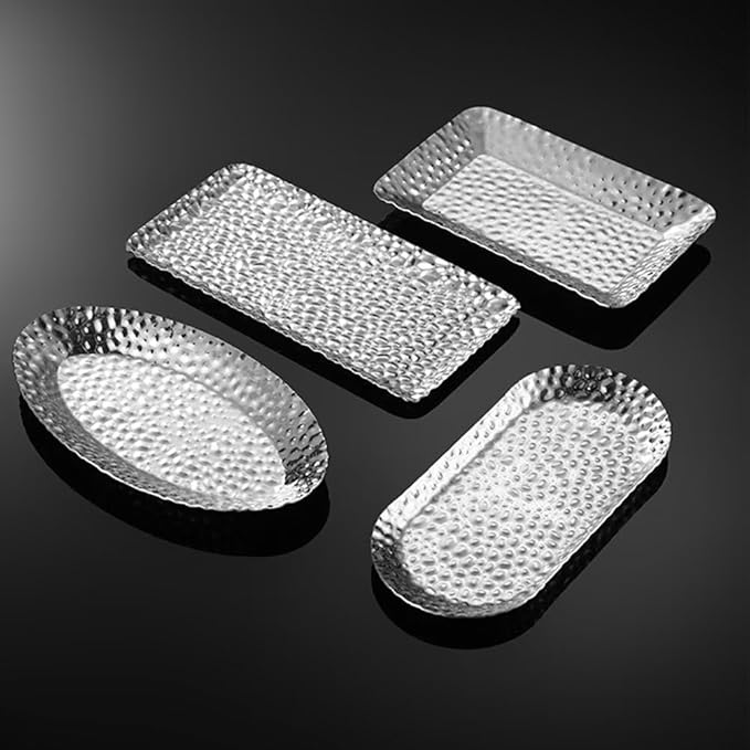 Mini Serving Platter Stainless Steel Serving Tray Hammered Rectangular 7.7 x 3.7 Inch Small Dessert Plates Coffee Table Tray Decorative Plates for Kitchen Party Silver