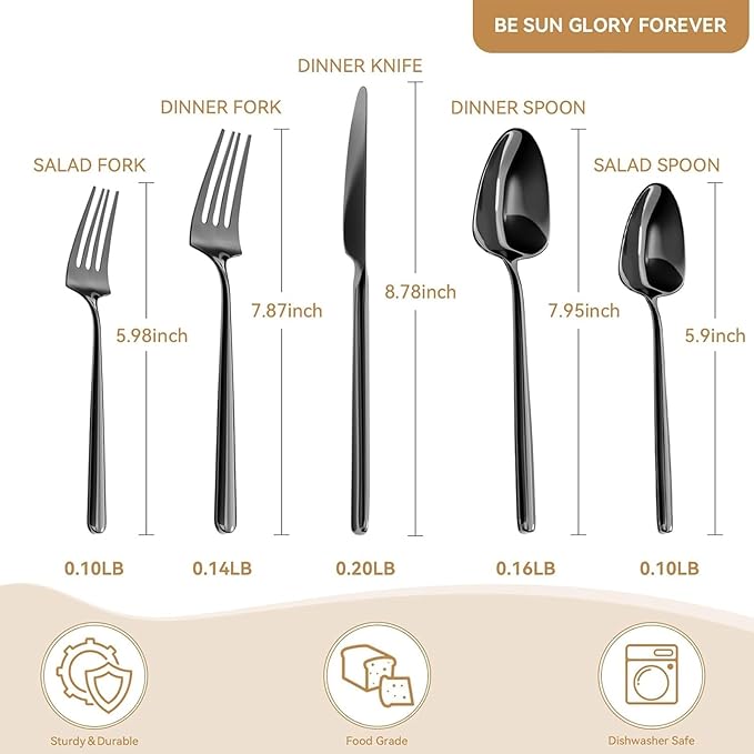 Oval Black 20-Piece Silverware Set, Forged Stainless Steel Flatware Set with European Design, Modern Cutlery Set, Service for 4, Dishwasher Safe