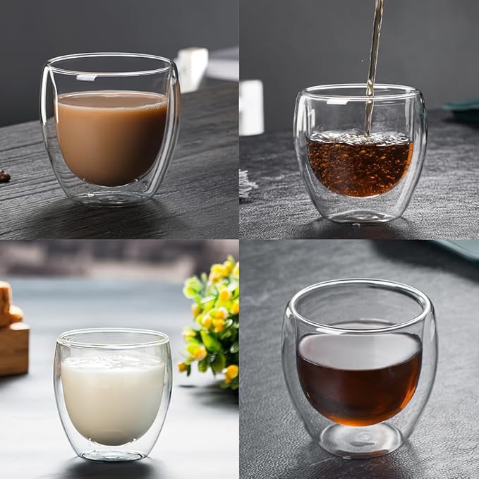XuYelora Double Wall Expresso Cups (Set of 6), 3 Ounce Glass Coffee Mugs, Small Insulated Clear Espresso Shot Glasses Cups for Cappuccino Latte Tea, Gift for Chrismas, Brithday