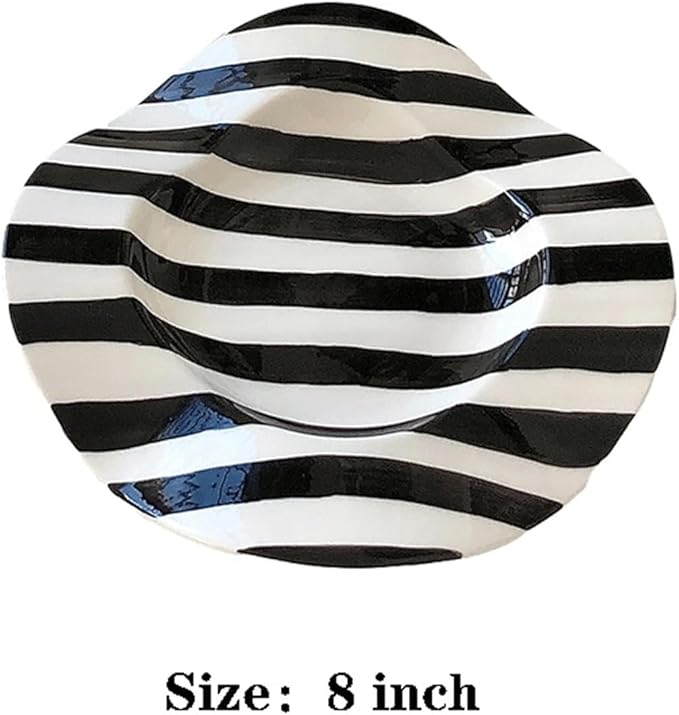 SONGCHAO Party Supplies 8 Inch Ceramic Plate Polka Dot Stripe Irregular Wavy Ceramic Serving Plate Restaurant Kitchen Dessert Plate Party Plates (Color : A)