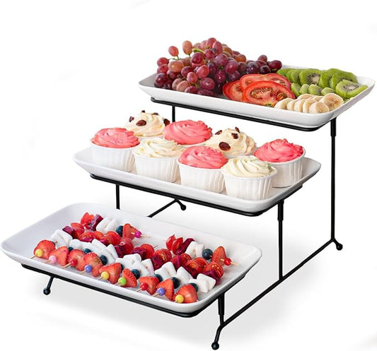Delling 3 Tier Serving Tray for Dessert Table Display Set, 12 inch Tiered Serving Stand with Serving Dishes for Entertraining, Collapsible Sturdier Stand, White Serving Platters for Party Display Set