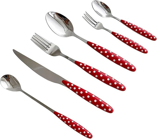 24-Piece Silverware,Service for 4，Stainless Steel Flatware Set，Red Cute Polka Dot Handle， French for Flatware Sets Afternoon Tea,Mirror Finish, Gift Box，Machine Washable