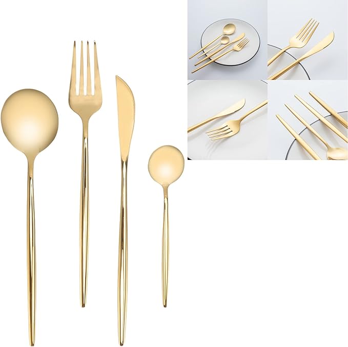 24Pcs Gold Silverware Set, Stainless Steel Flatware Serving Set, Knife Fork Spoon Set for Families, Hotels, Dessert Shops, Wedding Banquets