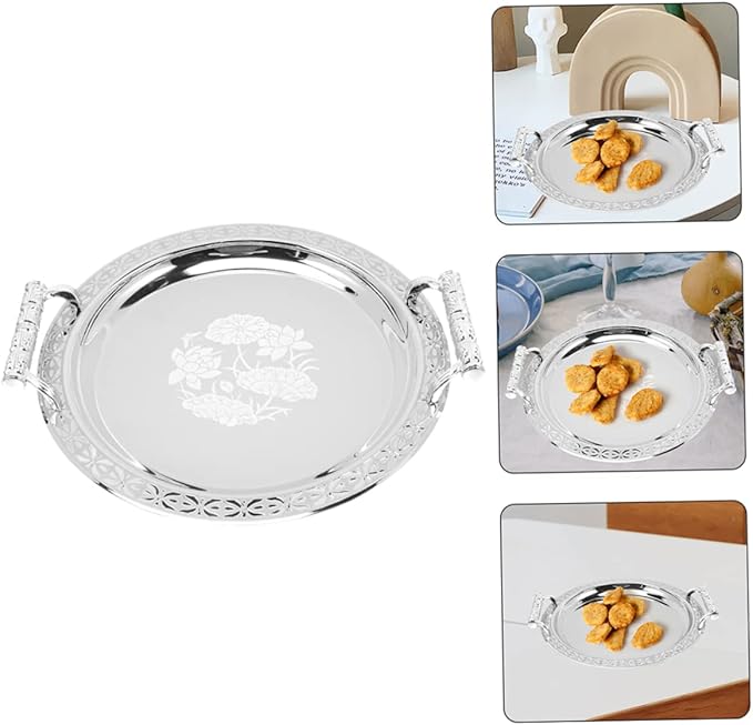 Luxshiny European Style Fruit Serving Tray Stainless Steel Snack Storage Holder Decorative Silver Pattern Snack Plate for Desserts Dry Fruits and Outdoor Picnic Use