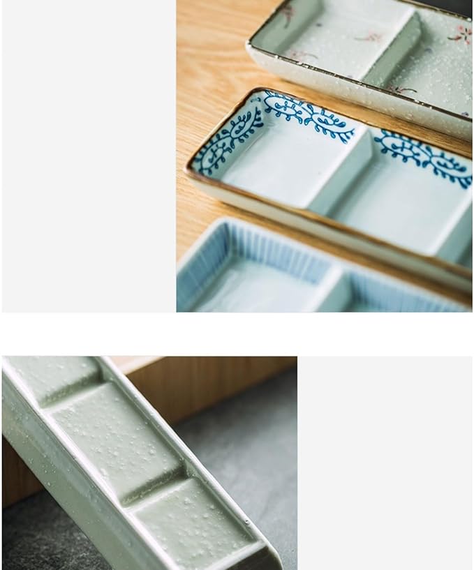 Sauce Dish Three Compartment Plate Ceramic Plate Sauce Bowl Sushi Dish Plate Multi Compartment Sauce Dish Vinegar Dish Plate Small Plate Snack Plate(B)