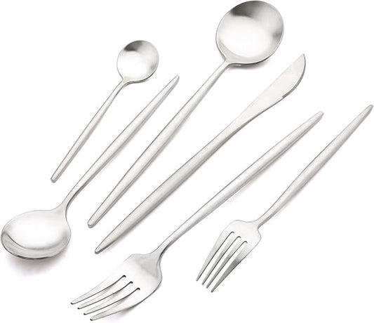 24Pcs Luxury Matte Black Flatware Set, 18/10 Stainless Steel Simple & Heavy Tableware Cutlery Set For Home Kitchen Wedding Restaurant Dinner, Service For 4 (Silver)