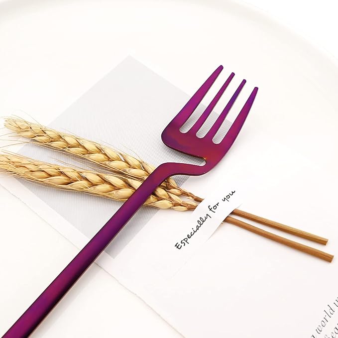 24-Pieces Hangable & Cute 18/10 Stainless Steel Flatware Set, Matte Cutlery Set Kitchen Dinnerware Include Knife/Fork/Spoon/Teaspoon Service for 6, Purple
