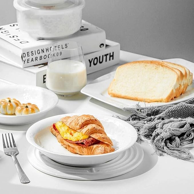 Ceramics Dinner Sets,Bowl/Dish/Plate 44 Pieces Dinnerware Embossed Pattern Tableware Set White -Family Party and Kitchen Restaurant Plates
