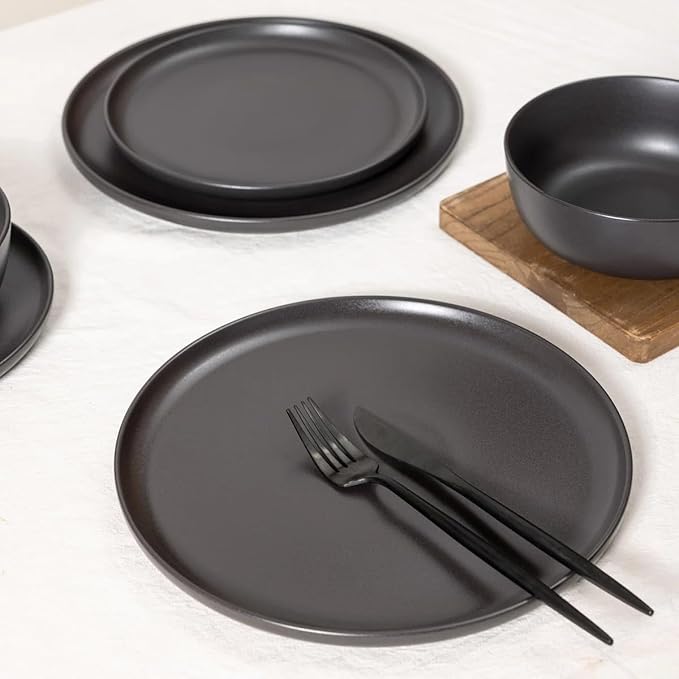 Stoneware Dinnerware Set, 16 Piece Plates and Bowls Set for 4, Microwave and Dishwasher Safe Tableware (black)