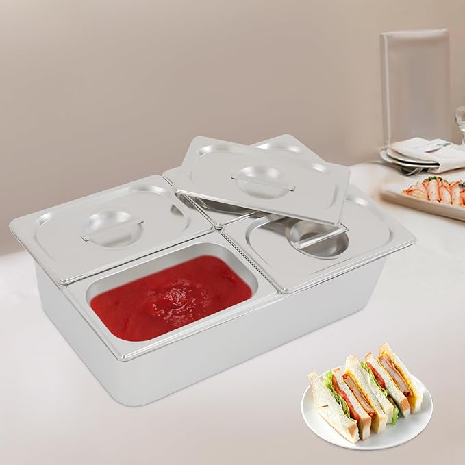 4 Pans Ice Food Serving Display Container, Stainless Steel Serving Tray Catering Supplies Buffet Display Condiment Dispenser Plate Case with Acrylic Replaceable Lids for Restaurant Hotel Kitchen