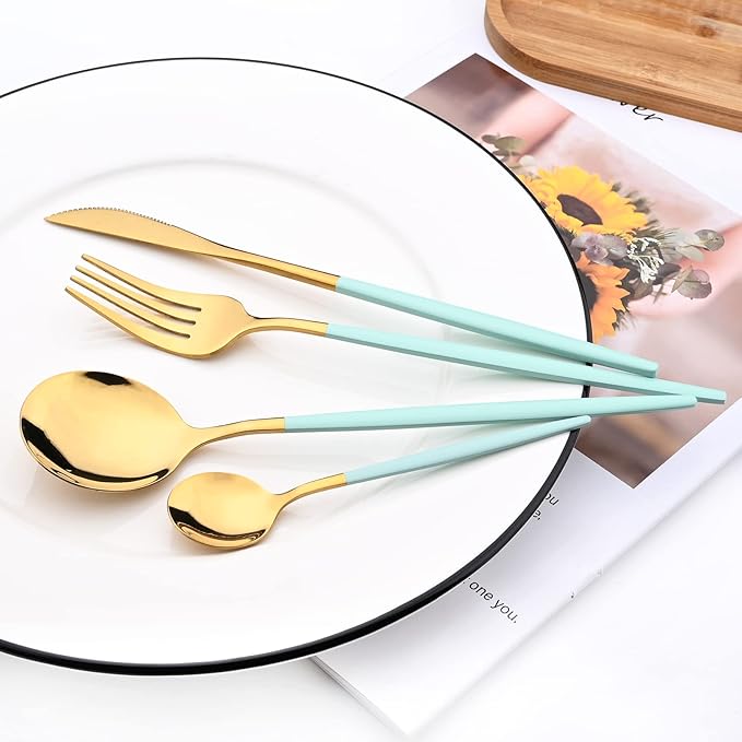 40 Pcs Silverware Set With Teaspoon For 10, Food Grade Stainless Steel Utensils Tableware Set, Elegant & Simple Flatware Serving Set Include Knife Fork Spoon, Mirror (Mint Green Gold)